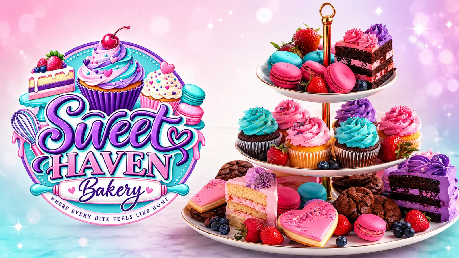 Sweet Haven Bakery responsive storefront featuring colorful bakery branding, a promotional dessert hero, product shopping options, custom-order features, and a purple, pink, turquoise, and white visual theme.