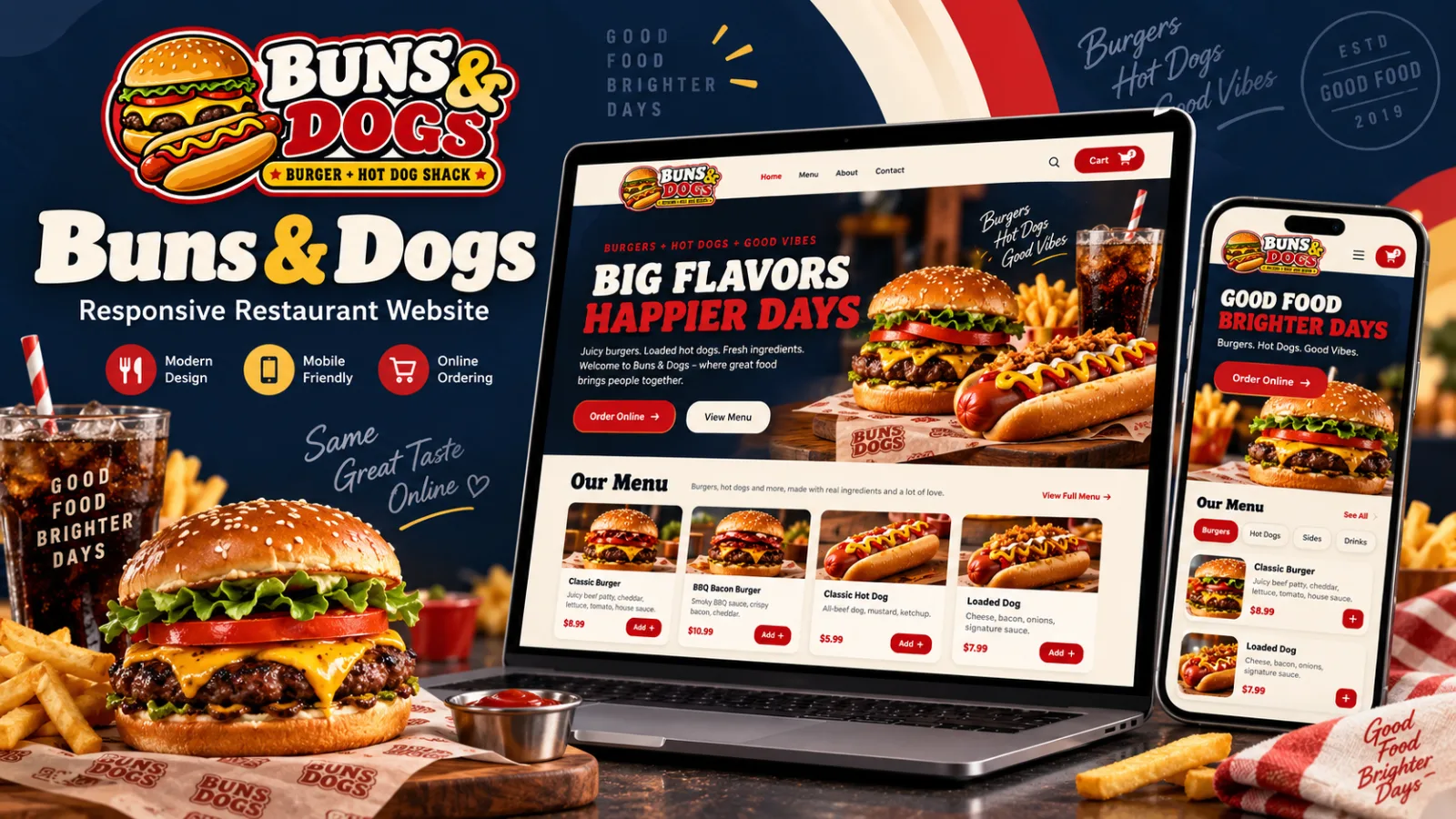 Responsive Buns & Dogs restaurant website featuring burgers, hot dogs, online ordering, product customization, and mobile-friendly design.